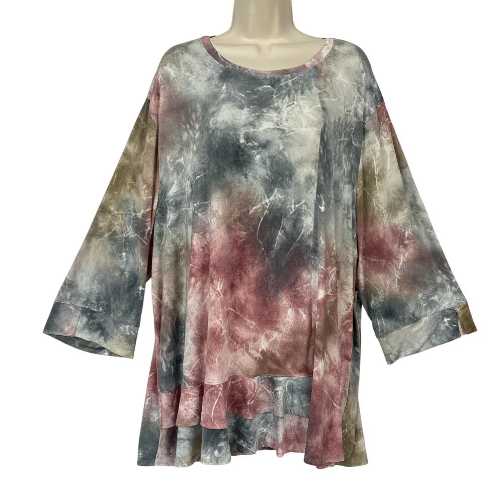 Southern Lady Tunic Top Women 3X Pastel Tie Dye Watercolor Ruffle Lagenlook Boho